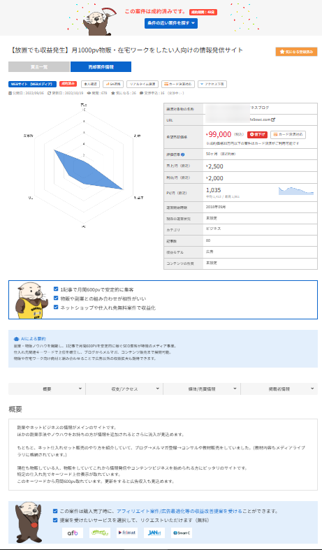 ラッコM&Aで売却したWEBサイトの様子